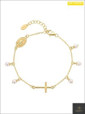 18K Gold Plated S925 Sterling Silver Cross Rosary Bracelet